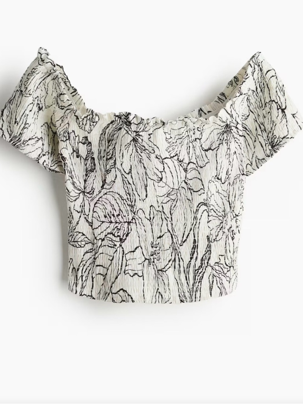 H&M Cream Off-Shoulder Smocked Floral Crop Top